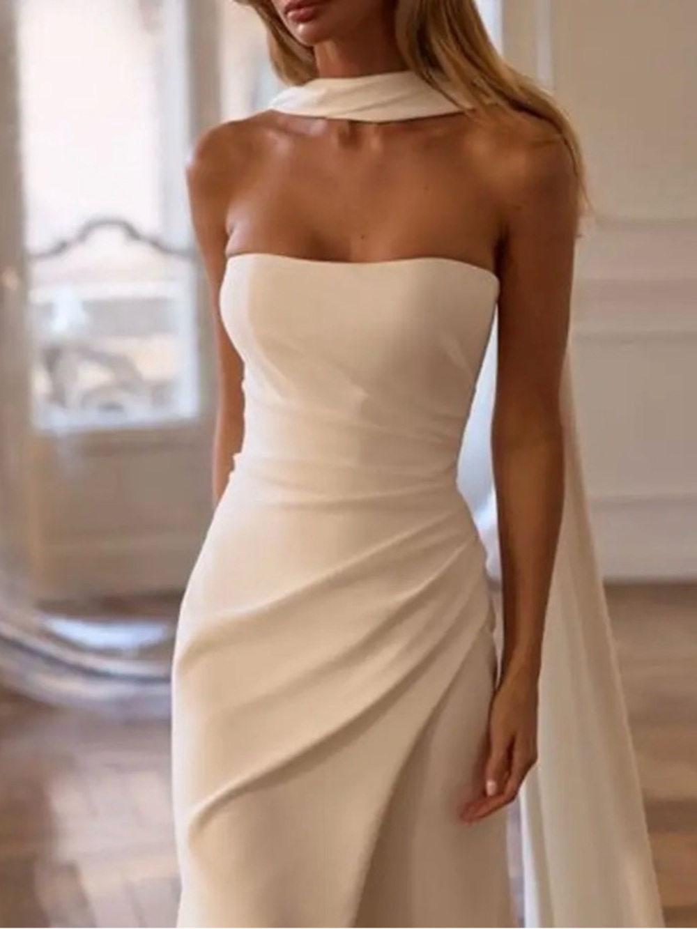 Strapless Cream Column Evening Dress with Draped Side